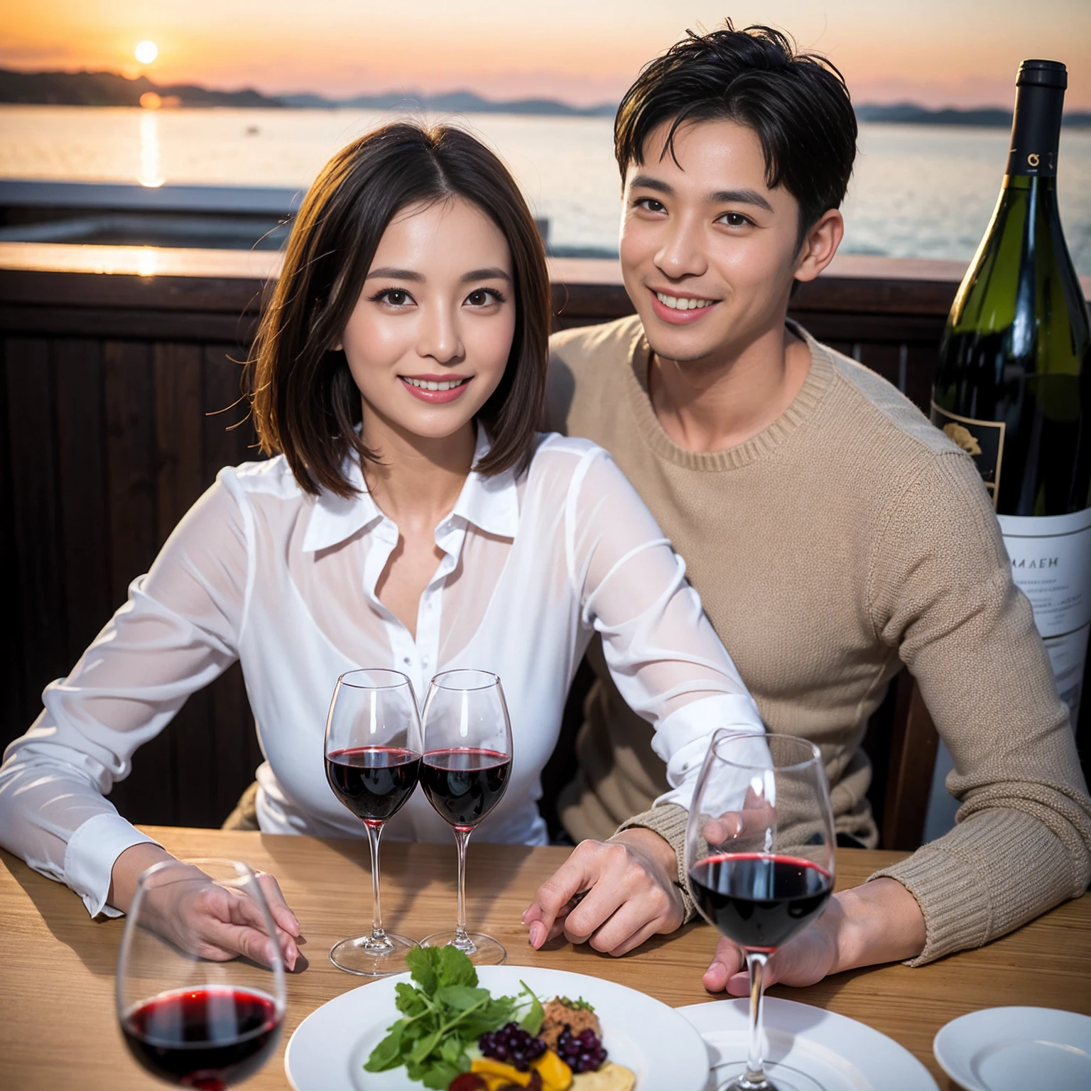 ((Highest quality、8k、masterpiece:1.3))、 (Genuineistic, Genuine、Bright image、Intricate details:1.2), Best smile 1 man 1 woman、Beautiful Couple、spouse、Couple、spouse、Beautiful Couple、Smile、A full-course dinner with a full table、テーブルにwine glass、 (Slim face), (The body is slim), (Brown Hair), (short hair), Please shine a light on my face、 Amazing view of the sunset sky and clouds、 (age 34), 39 years old, red wine 、Wine bottle、sparkling wine、Long sleeve shirt、dress、White wine, red wine, wine glass, 