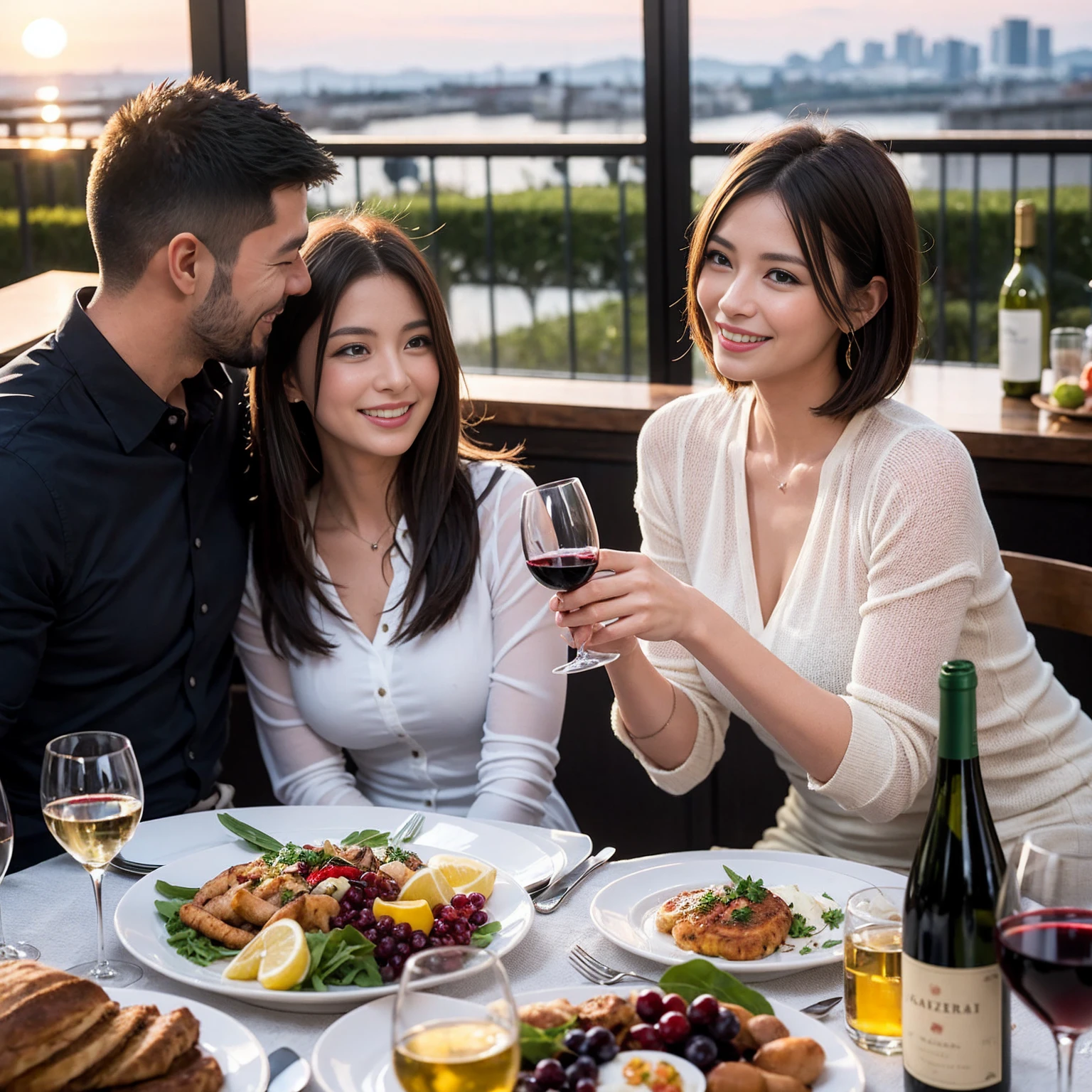 ((Highest quality、8k、masterpiece:1.3))、 (Genuineistic, Genuine、Bright image、Intricate details:1.2), Best smile 1 man 1 woman、Beautiful Couple、spouse、Couple、spouse、Beautiful Couple、Smile、A full-course dinner with a full table、テーブルにwine glass、 (Slim face), (The body is slim), (Brown Hair), (short hair), Please shine a light on my face、 Amazing view of the sunset sky and clouds、 (age 34), 39 years old, red wine 、Wine bottle、sparkling wine、Long sleeve shirt、dress、White wine, red wine, wine glass,