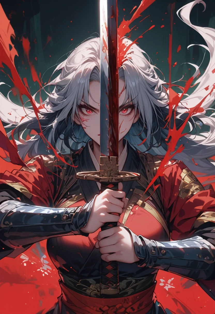 (((the best质量, high resolution, masterpiece, masterpiece, the best, high resolution))).(Pianfei), (the best质量), Very detailed, 1 girl, Perfect face, (Full body photo of the individual:1.3), Very detailed顔,Gray hair,long hair,Blood red eyes,crazy的表情,Sword-crazy woman,Sword Maniac,Maniacal expression,Battle maniacs,Fighting Stance,Samurai sword,Military coat,Blood all around,Fighting Stance,Sword in both hands,Nodachi,Extra long sword,Battle maniacs,Crazy expression,Pupil constriction,crazy,Bloodthirst,Extremely detailed facial expressions,Close-up of facial expressions,crazy的表情,An expression eager to fight,The expression of excitement due to the fight