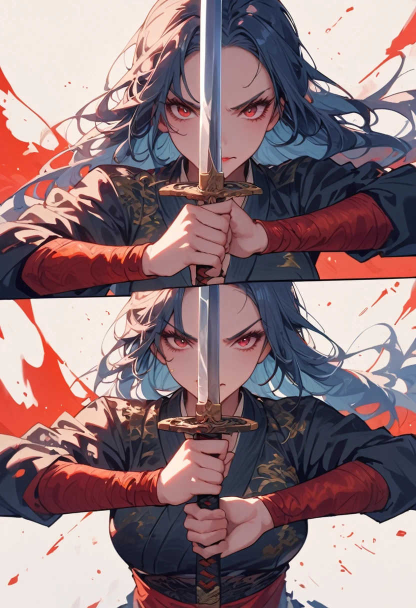 (((the best质量, high resolution, masterpiece, masterpiece, the best, high resolution))).(Pianfei), (the best质量), Very detailed, 1 girl, Perfect face, (Full body photo of the individual:1.3), Very detailed顔，Gray hair，long hair，Blood red eyes，crazy的表情，Sword-crazy woman，Sword Maniac，Maniacal expression，Battle maniacs，Fighting Stance，Samurai sword，Military coat，Blood all around，Fighting Stance，Sword in both hands，Nodachi，Extra long sword，Battle maniacs，Crazy expression，Pupil constriction，crazy，Bloodthirst，Extremely detailed facial expressions，Close-up of facial expressions，crazy的表情，An expression eager to fight，The expression of excitement due to the fight