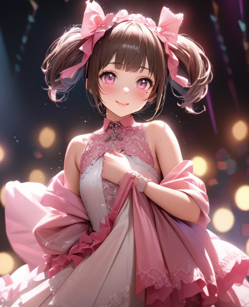 One Girl、Looking at the audience、lovely,
Beautiful pink eyes、short twin tail hair , Mole under the eye、Plump and glossy lips、Heart-shaped choca、Idol、Her name is Rico,smile、ー、。.。.。.。.。.。.。.。.。.。.。.。.。.。.。.。.。.。.3D、Realistic、
The idol's costume was soaked in the heavy rain, and her chest was wet and transparent.Heavy rain at outdoor concert, Drape clothes、gem、The decoration has been removed、Floral、Lace trim,On a glittering stage、
masterpiece、highest quality、8k、Detailed skin texture、Detailed cloth texture、Beautifully detailed face、Intricate details、Very detailed、
超A high resolution、8k Ultra HD、Film Grain、Best Shadow、delicate、Gazing at the audience、front