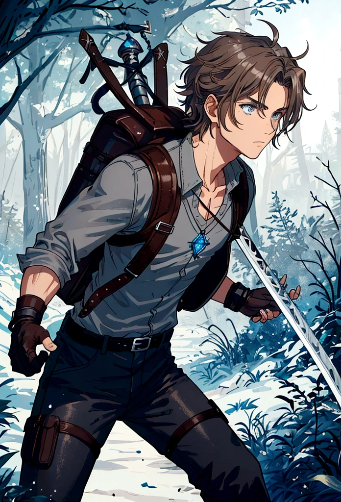 ((Best quality)), ((Masterpiece)), (Detailed): Axel Branford, age 28, light brown wavy hair, blue-gray eyes, athletic build, serious expression with battle scars, wearing light leather armor with silver runes, gray linen shirt, dark pants, high leather boots, fingerless gloves, carrying an enchanted sword with glowing runes and a blue gem, protective amulet, worn leather backpack, in a dense forest or medieval village, determined look, ready for action.