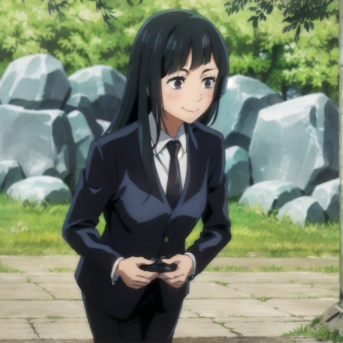 masterpiece,high quality,solo,outdoors,
KasumiMiwa,1girl,
black suit,necktie,
blush,looking up,closed mouth,smile,scene reference,looking to the side,parody,