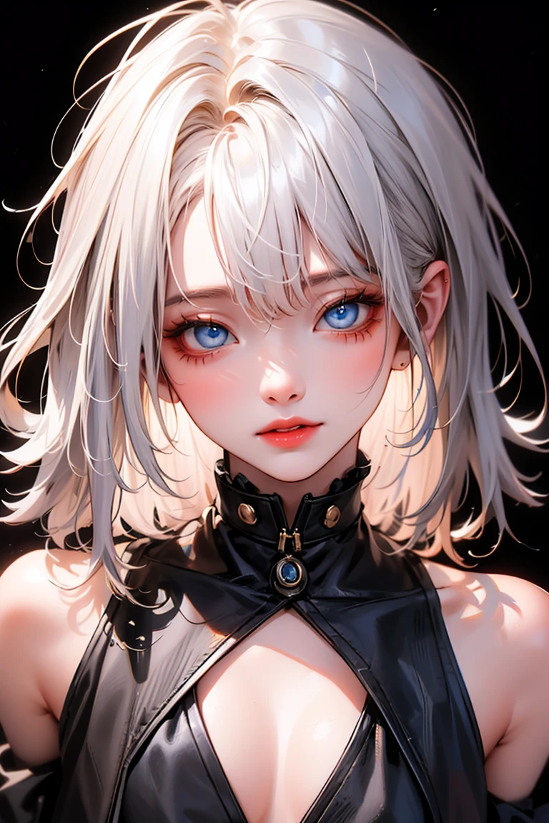 masterpiece, best quality, ultra-high-detailed, white hair, light blue eyes, looking to viewer, black background, upper shoulder , manghwa style, age 25,