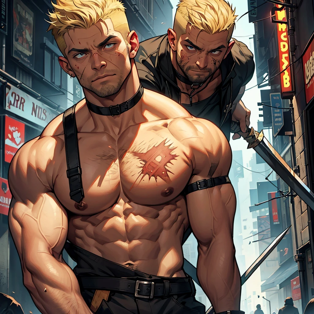 a buff man with blonde shaved upper cut hair wearing a black choker holding a spear in the zombie apocalypse body shot
