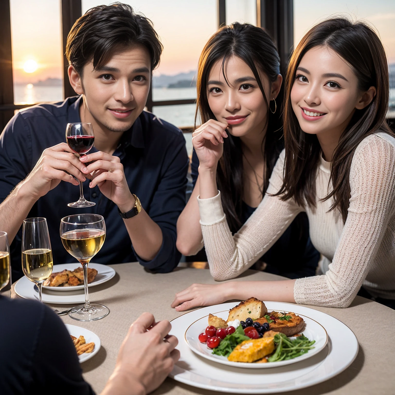 ((Highest quality、8k、masterpiece:1.3))、 (Genuineistic, Genuine、Bright image、Intricate details:1.2), Best smile 1 man 1 woman、Beautiful Couple、Lovers、Relatives and friends、actress couple、couple、Model Couple、Smile、A full-course dinner with a full table、テーブルにwine glass、 (Slim face), (The body is slim), (Brown Hair), (short hair), Please shine a light on my face、 Amazing view of the sunset sky and clouds、 (age 34), 38 years old, red wine 、Appetizers、Wine bottle、sparkling wine、Long sleeve shirt、dress、White wine, red wine, wine glass,