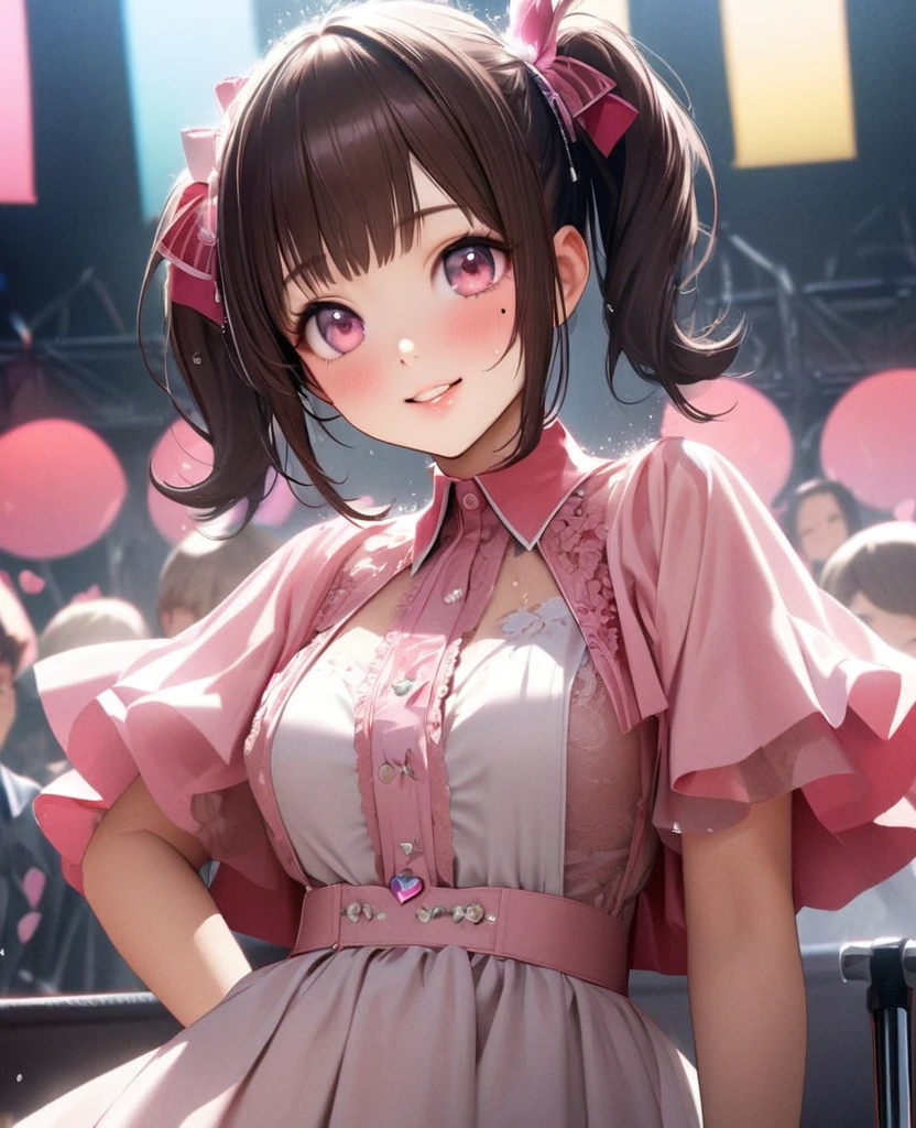 One Girl、Looking at the audience、lovely,
Beautiful pink eyes、short twin tail hair , Mole under the eye、Plump and glossy lips、Heart-shaped choca、Idol、Her name is Rico,smile、ー、。.。.。.。.。.。.。.。.。.。.。.。.。.。.。.。.。.。.3D、Realistic、
The idol's costume was soaked in the heavy rain, and her chest was wet and transparent.Heavy rain at outdoor concert, Drape clothes、gem、The decoration has been removed、Floral、Lace trim,On a glittering stage、
masterpiece、highest quality、8k、Detailed skin texture、Detailed cloth texture、Beautifully detailed face、Intricate details、Very detailed、
超A high resolution、8k Ultra HD、Film Grain、Best Shadow、delicate、Gazing at the audience、front