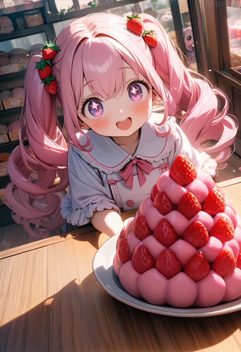 (8K, best quality, master piece: 1.2), super high resolution,1girl,8yo,ultra-detailed face, detailed eyes,Droopy eyes,sparkling eyes,very long twintails,pink hair,smooth curly hair,strawberry decoration hair accessories,pink eyes, small girl of small stature,cute,strawberry decoration pink ロリータファッション,holding a Strawberry topping Daifuku mochi,happy,open mouth,High Angle,Rim Light,ooking at viewer,There is a table in front of her,A display window filled with Japanese sweets is in the background.,Inside a Japanese confectionery shop