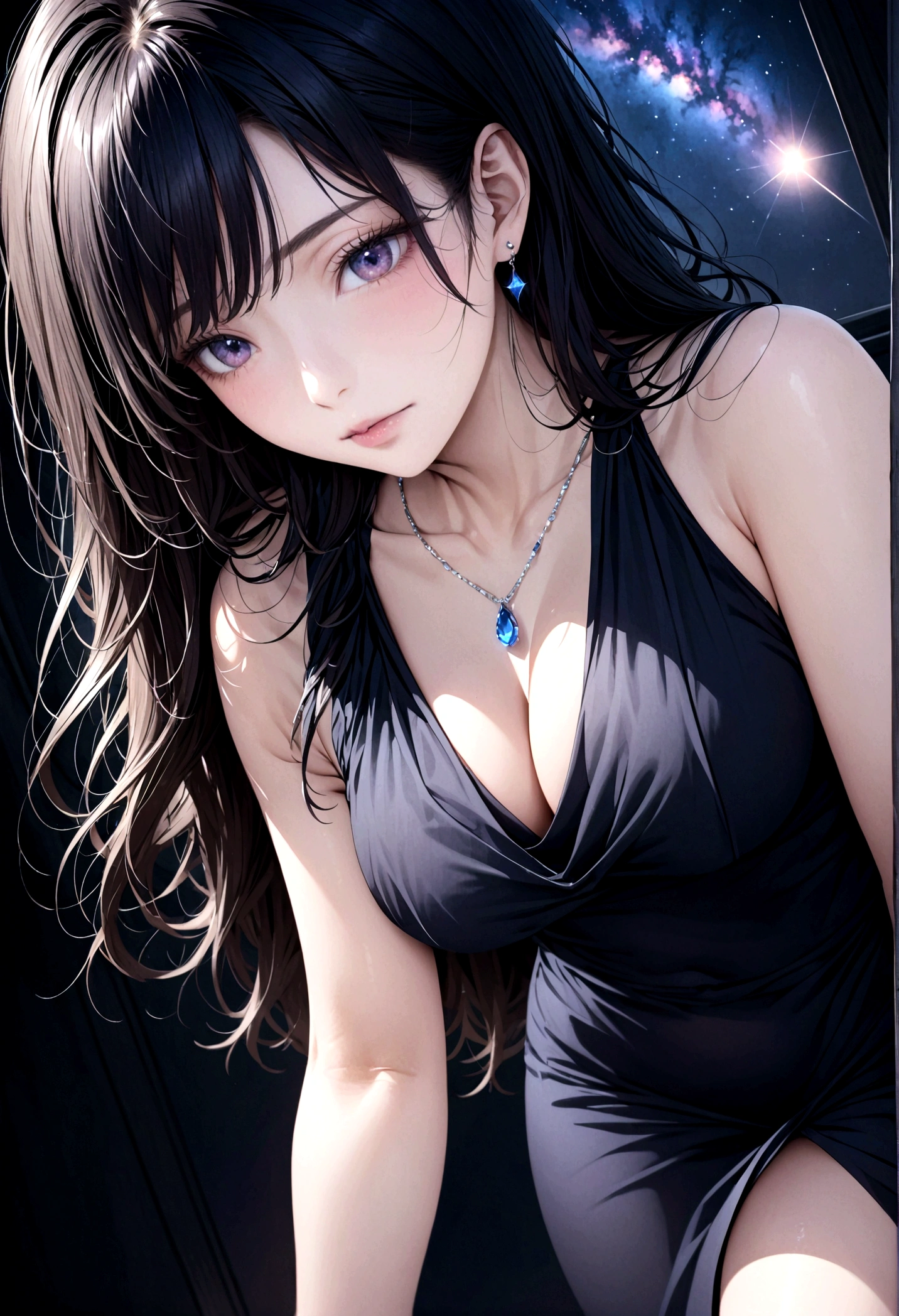 8k, masterpiece, RAW Photos, Highest quality, Realistic, Very detailed, Depth of written boundary, Cinematic Light, Anatomically correct body,
One elegant beautiful mature woman, Wavy black long hair, Very beautiful face, Exquisitely detailed face, Goddess-like deity々Beautiful,
Glamorous Body, Very sensitive skin, Transparent white skin, Beautiful thighs,
White silk high slit dress, Detailed cloth texture, Gorgeous necklace, Gorgeous earrings,
Dark starry background, Milky Way Galaxy, Meteors, Dark coastline at night, Pitch black sea surface,
Low angle shot,
