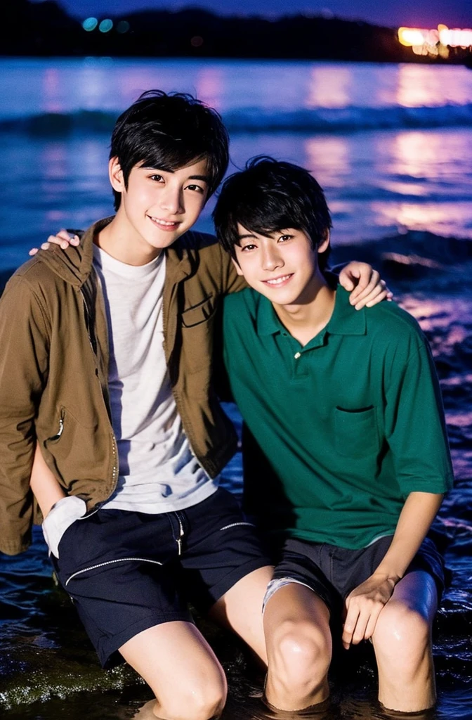 Beautiful boy、Handsome、18-year-old、Japan boys、Black Hair、night、coastal、Thin、Cute Boys、sit、、In the water、