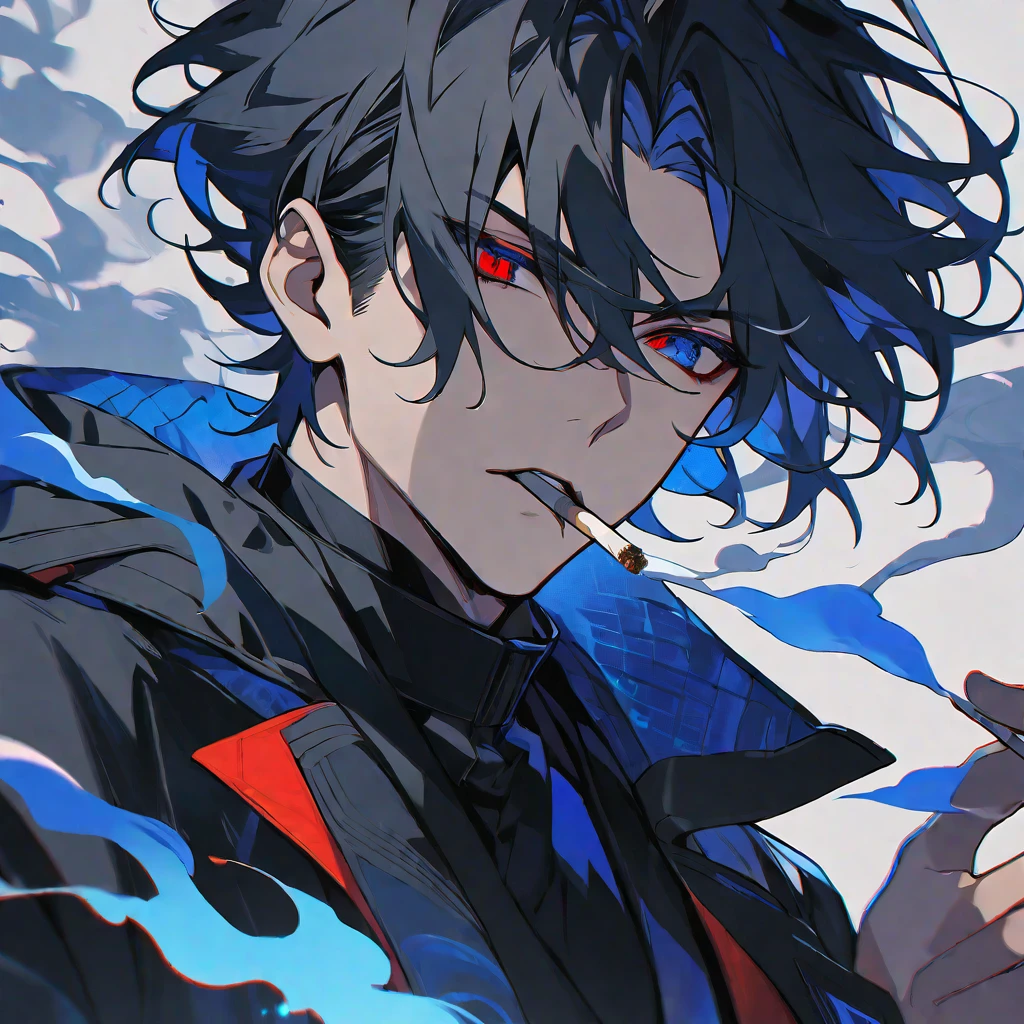 solo, handsome, 1 male, short hair, black hair, red & blue eyes,black light, black coat, smoke, smoking, blue fire