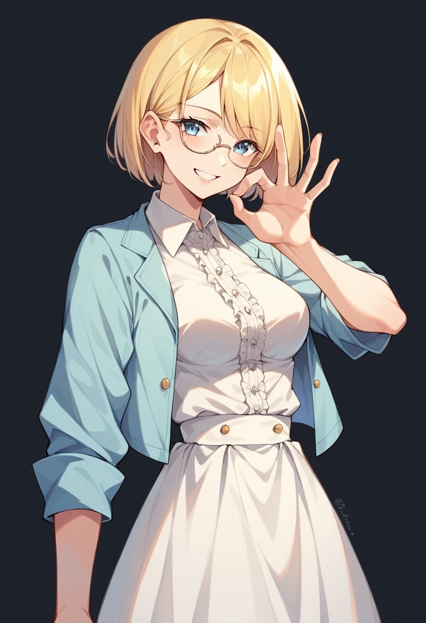 beautiful woman, beautiful face, solo, standing, medium bob cut blonde hair, light blue eyes, two points glasses, medium breasts, blue opened short jacket, white blouse, white pleats Slightly longer skirt, soft smile, (pinch one's her glasses), perfect hands and perfect fingers, temptation pose, black background, no background, pastel 2d art, matte painting, anime, masterpiece