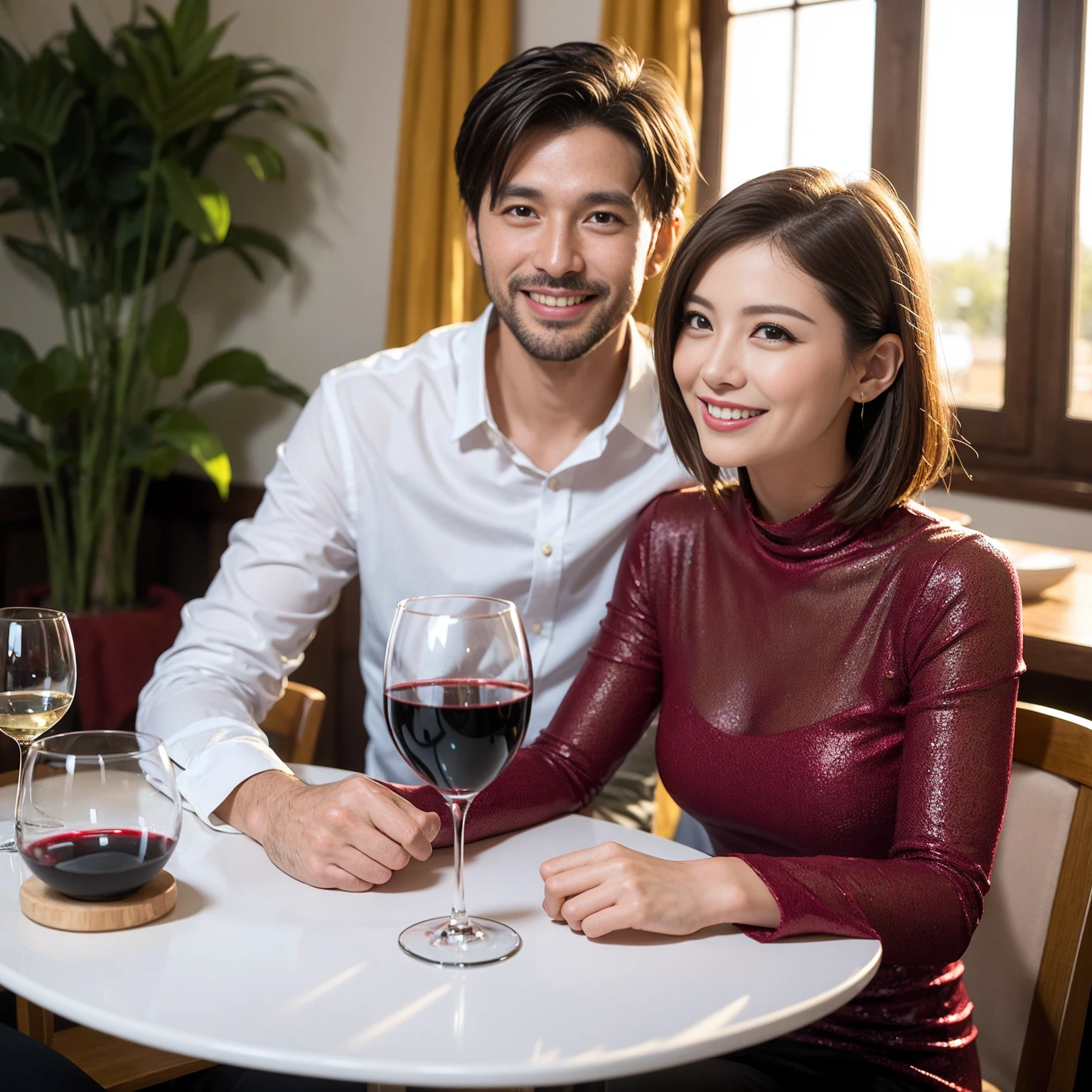 ((Highest quality、8k、masterpiece:1.3))、 (Genuineistic, Genuine、Bright image、Intricate details:1.2), Best smile 1 man 1 woman、Beautiful Couple、spouse、Couple、spouse、Beautiful Couple、Smile、A full-course dinner with a full table、テーブルにwine glass、 (Slim face), (The body is slim), (Brown Hair), (short hair), Please shine a light on my face、 Amazing view of the sunset sky and clouds、 (4), 39 years old, red wine 、Wine bottle、sparkling wine、Long sleeve shirt、dress、White wine, red wine, wine glass,