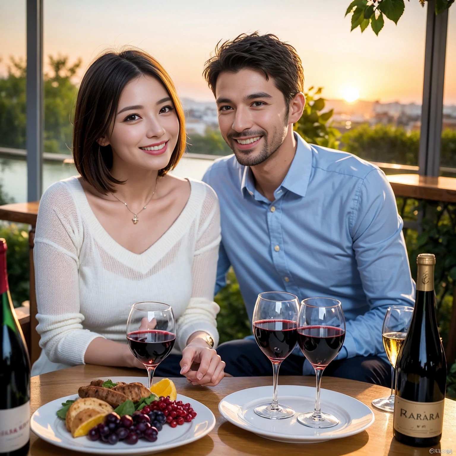 ((Highest quality、8k、masterpiece:1.3))、 (Genuineistic, Genuine、Bright image、Intricate details:1.2), Best smile 1 man 1 woman、Beautiful Couple、spouse、Couple、spouse、Beautiful Couple、Smile、A full-course dinner with a full table、テーブルにwine glass、 (Slim face), (The body is slim), (Brown Hair), (short hair), Please shine a light on my face、 Amazing view of the sunset sky and clouds、 (age 34), 39 years old, red wine 、Wine bottle、sparkling wine、Long sleeve shirt、dress、White wine, red wine, wine glass,