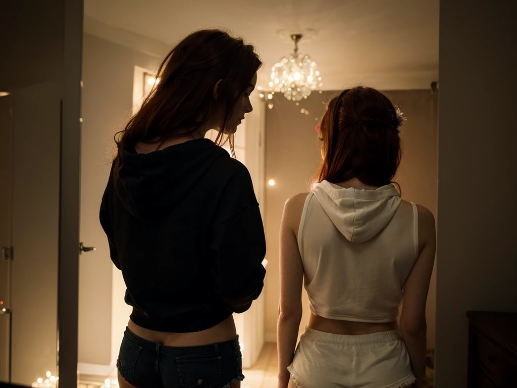 (((Masterpiece))), 25-year-old Caucasian French girl with shoulder-length messy red hair, adorned with crystal glow, blooming hair akin to . Certainly!
A silhouette of a girl standing with her back to the camera. She is wearing short shorts and a black hoodie. Her face is not visible.