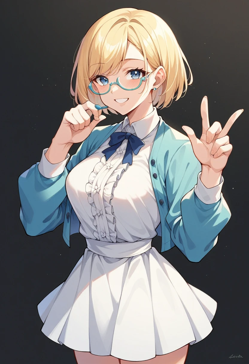 beautiful woman, beautiful face, solo, standing, medium bob cut blonde hair, light blue eyes, two points glasses, medium breasts, blue opened short jacket, white blouse, white pleats Slightly longer skirt, soft smile, (pinch one's her glasses), perfect hands and perfect fingers, temptation pose, black background, no background, pastel 2d art, matte painting, anime, masterpiece