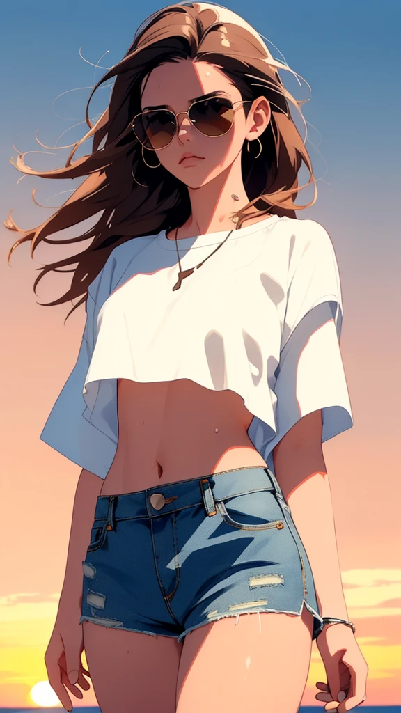 One girl, Brown Hair, White Crop Top, blue denim mini shorts, Thick thighs, sunglasses, Sweaty body, Cowboy Shot, I felt stressed, Hot summer sunset, Sharp focus, Ultra HD, 8k, High resolution, more_detailed:-1, more_detailed:0, more_detailed:0.5, more_detailed:1, more_detailed:1.5