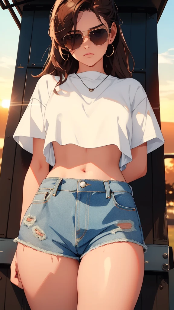 One girl, Brown Hair, White Crop Top, blue denim mini shorts, Thick thighs, sunglasses, Sweaty body, Cowboy Shot, I felt stressed, Hot summer sunset, Sharp focus, Ultra HD, 8k, High resolution, more_detailed:-1, more_detailed:0, more_detailed:0.5, more_detailed:1, more_detailed:1.5