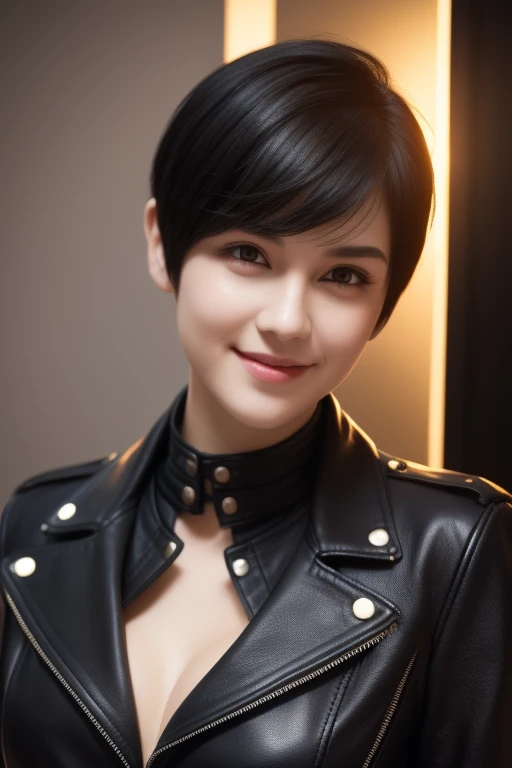 A digital portrait of a young woman aged between 18-25 years old. She has short, black pixie-cut hair. Her face is oval-shaped with smooth lines, thick and neat black eyebrows, large round dark brown eyes, a small pointed nose, and thin lips with a wide, big breast, friendly smile. She is wearing a black leather jacket With open cleavage . The style should be photorealistic with a slight touch of anime or 3D character design, highly detailed, vibrant colors, and soft lighting