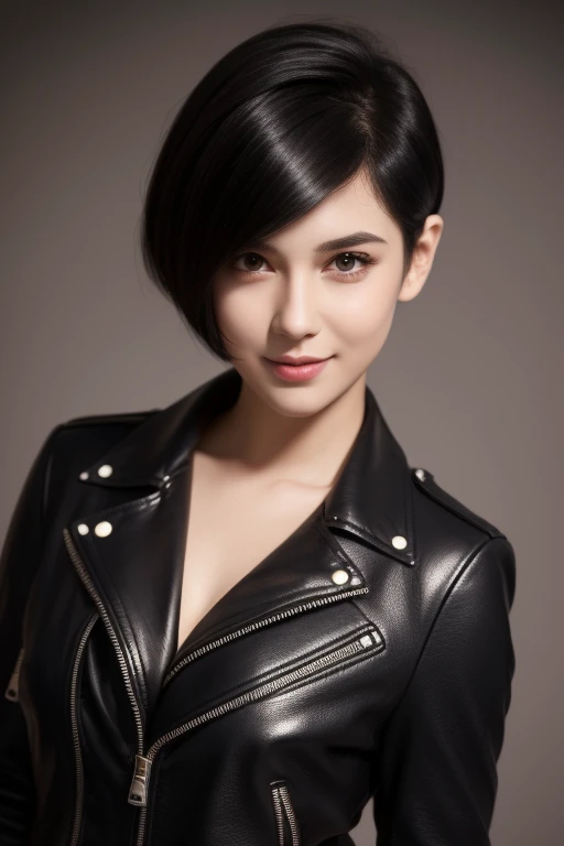A digital portrait of a young woman aged between 18-25 years old. She has short, black pixie-cut hair. Her face is oval-shaped with smooth lines, thick and neat black eyebrows, large round dark brown eyes, a small pointed nose, and thin lips with a wide, big breast, friendly smile. She is wearing a black leather jacket With open cleavage . The style should be photorealistic with a slight touch of anime or 3D character design, highly detailed, vibrant colors, and soft lighting