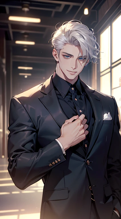 (best quality, masterpiece, 8K, photorealistic, cinematic lighting, hdr image, ultra detailed, beautiful image), a mature man, very handsome, smile, short white hair, blue eyes, perfect face without errors, ((buttoning the jacket, CEO))