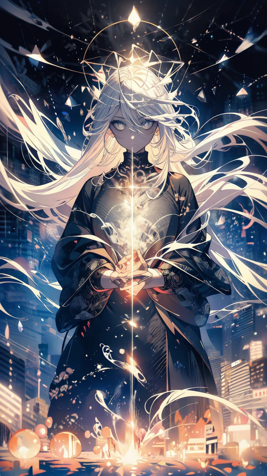 White Hair,White eyelashes,White Eyes,looking at the camera,Black long shirt,Realistic clothing drawing,Drawing range is from the waist up,An ennui look,Gazing somewhere far away,Fleeting atmosphere,Her hair is long and straight.,Smoke is shining,Wearing fog,art print,The background looks like it was painted over with black acrylic gouache.,Dark atmosphere,The crumbling angel halo、Her eyes are closing,Hollow Eyes,Angel Wings,The clothes are black,Highest quality