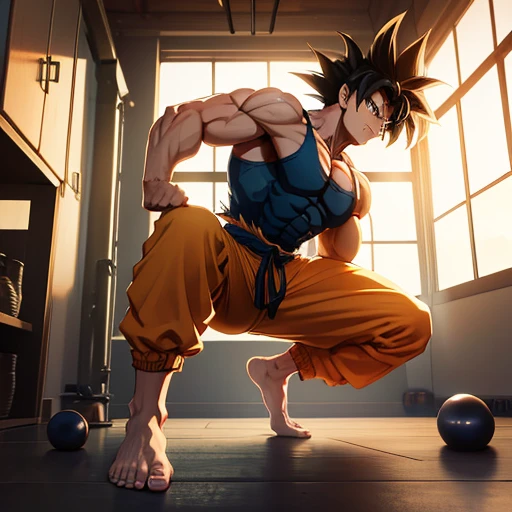 (Eine detaillierte Zeichnung von goku, Bodybuilding-Fitnessstudio.),Anime Bild, With bare upper body, tearing clothes, the strongest of all, huge muscular body, Big Bizeps, large shoulders, Muskelbeine,Abs, Barefoot, Kampfkunst, Kick with foot, Full body image, Rear view, seitliche Brust, knirschen, beserk, Barefoot, sole of the foot , Zehen, Anime stil 