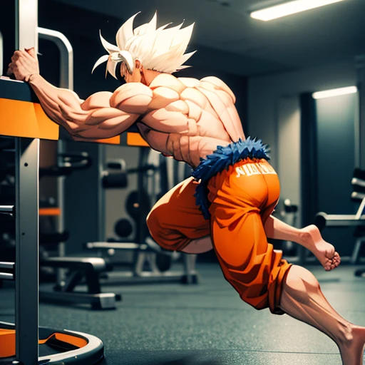 (Eine detaillierte Zeichnung von goku, Bodybuilding-Fitnessstudio.),Anime Bild, With bare upper body, tearing clothes, the strongest of all, huge muscular body, Big Bizeps, large shoulders, Muskelbeine,Abs, Barefoot, Kampfkunst, Kick with foot, Full body image, Rear view, seitliche Brust, knirschen, beserk, Barefoot, sole of the foot , Zehen, Anime stil 