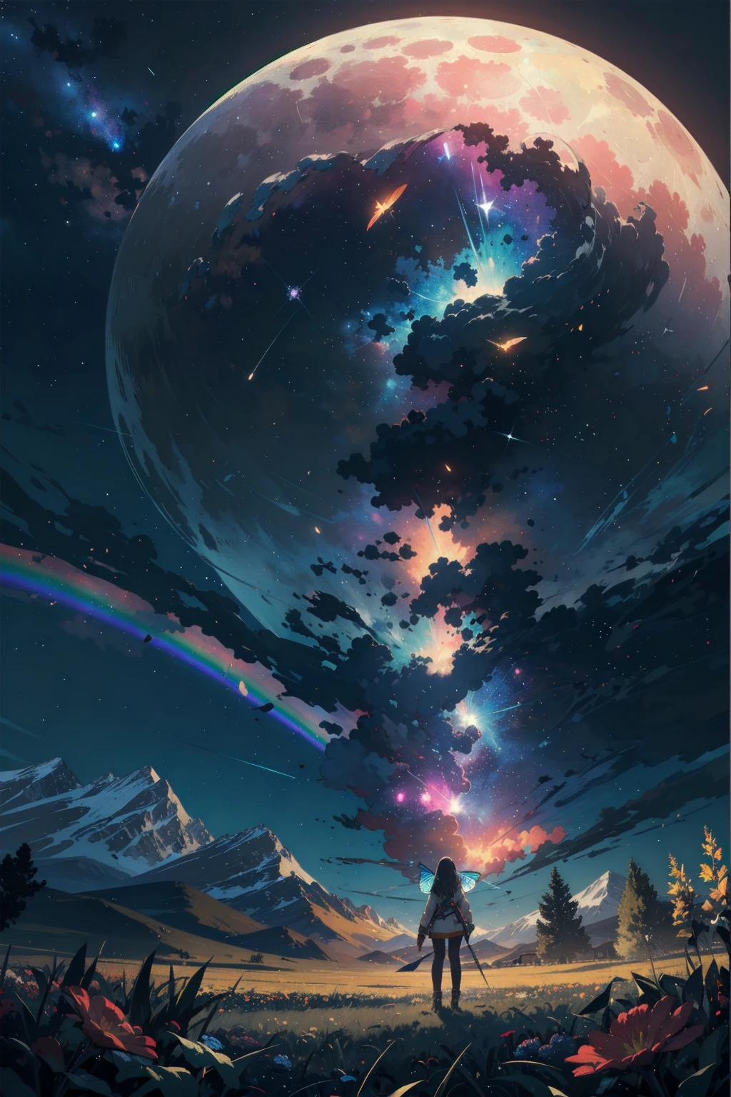 Illustrations that focus on characters、Vast landscape photography , A view from below, with the sky above and the wide fields below, A girl standing in a flower field looking up, (full moon:1.2), ( shooting star:0.9), (nebula:1.3), Distant Mountain, Treebreak Production Art, (Warm light source:1.2), (fire Fly:1.2), lamp, Lots of purple and orange, Intricate details, Volumetric lighting, realism (masterpiece:1.2), (Highest quality), 4K, Super detailed, (Dynamic configuration:1.4), Very detailed, Colorful details,( Rainbow-colored:1.2), (Shining Lights, Atmospheric lighting), dream-like, (alone:1.2)