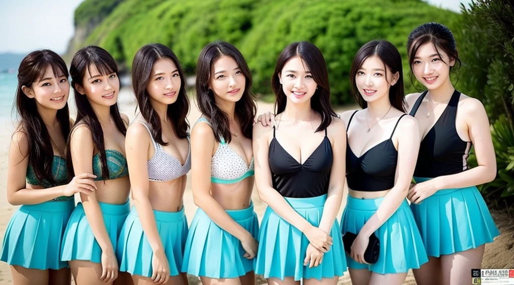 (Highest quality:1.1), (masterpiece:1.2), Five Girls,Swimwear,Are standing,High Quality Shadows, Beautiful details, Beautiful Face, Fine grain,Depth of written boundary, High resolution, Best Shadow, Best lighting, daughter, Displaying the viewer, (Five-colored hair:1.3),Brush Cut,Very short hair, Blunt bangs, Long Hair, Iris, shy, Big Breasts, mini skirt, Swimwear, pump, Sea Beach,green,cloud, Sunburn,Boo Markers,Cleavage,Looking into the camera,smile,closeup Cleavage,Super Skirt