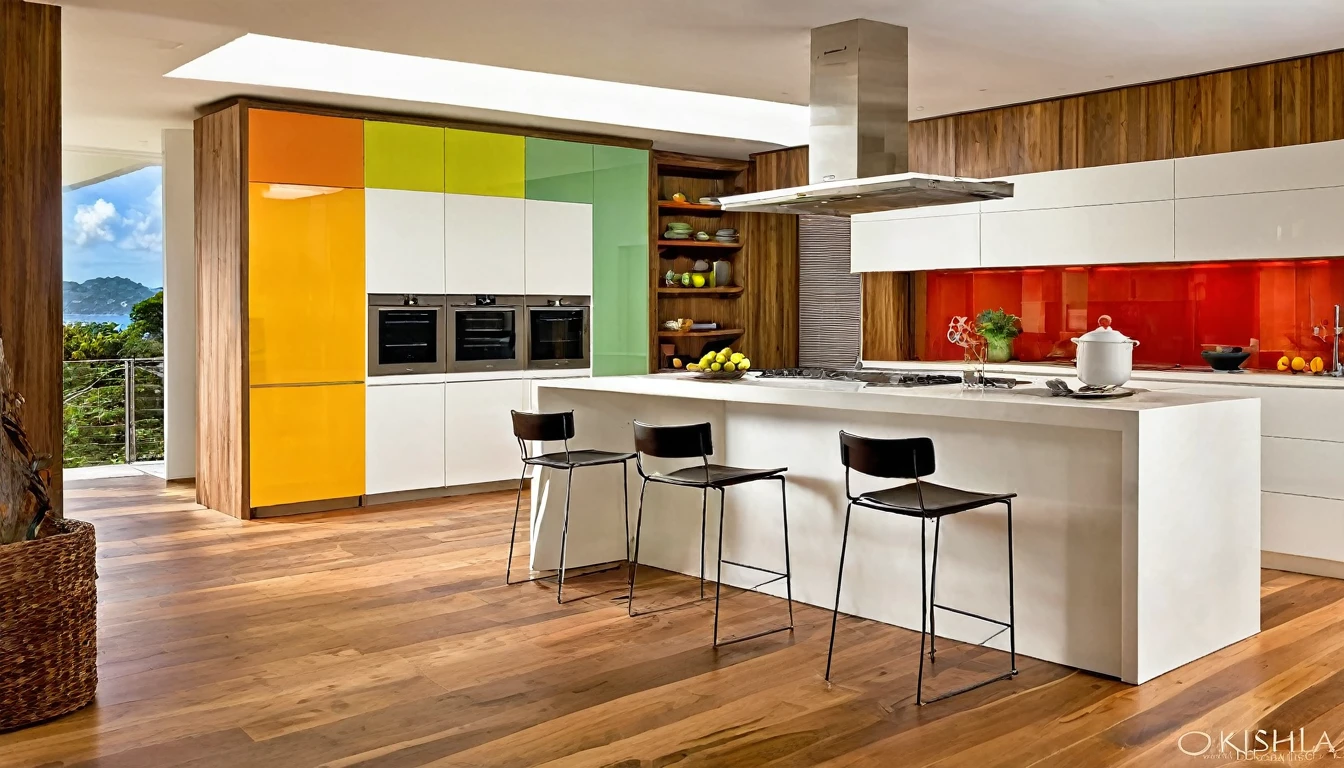 uma cozinha moderna, colorful cabinet doors, mesa ilha, forno, afundar, Luz natural, wood floor, teto de gesso,