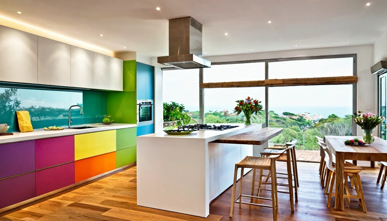 uma cozinha moderna, colorful cabinet doors, mesa ilha, forno, afundar, Luz natural, wood floor, teto de gesso,