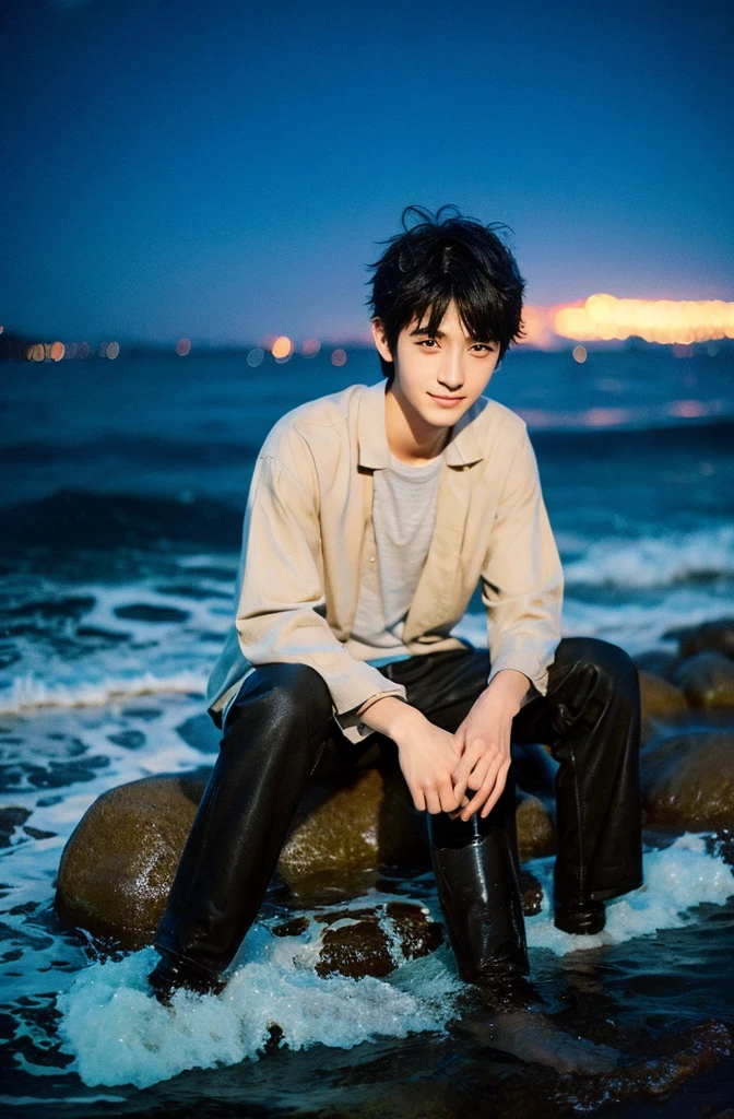 Beautiful boy、Handsome、18-year-old、Japan boys、Black Hair、night、coastal、Thin、Cute Boys、sit、、In the water、