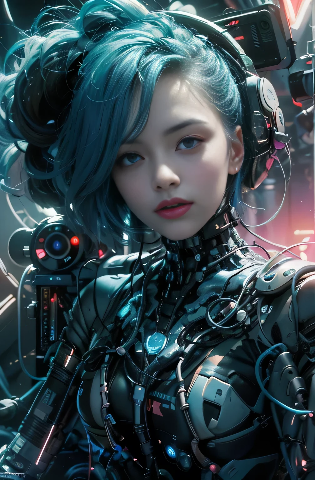 Calidad superior, Obra maestra, ultrahigh resolution, ((fotorrealista: 1.4), Foto rAW, 1 cyberpunk android Chica, piel brillante, (Detalles ultra realistas)), mechanical limbs, Tubes connected to mechanical parts, Mechanical vertebrae attached to the spine, mechanical cervical attachment to the neck, alambres y cables que se conectan a la cabeza, Evangelion, ((Ghost in the shell)), small bright LED lamps, global ilumination, Sombras profundas, renderizado de octanaje, 8k, ultra sharp, Metal, Intrincados detalles ornamentales, Detalles barrocos, Detalles muy intrincados, Luz realista, CGSoation tendencia, in front of camera, neon details, (Android factory in the background), arte por H.r. Giger y Alphonse Mucha.blue hair