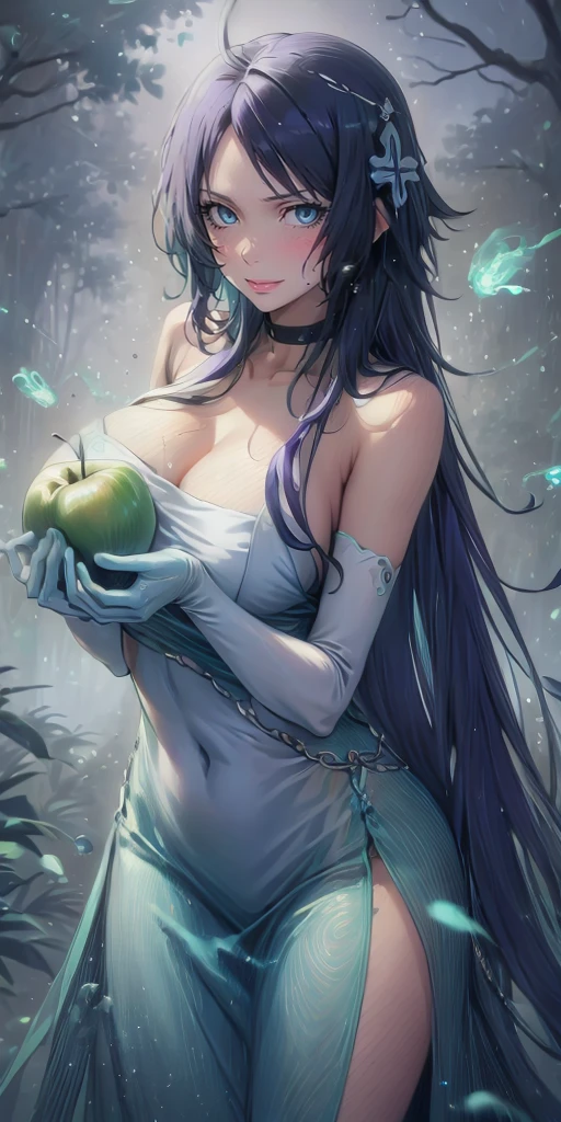 MC, ahoge, (long hari, purple hair:1.3), hair ornament, dark-blue eyes, anatomically correct, heavy breathing, mature female, fruit, food, 1girl, apple, holding_apple, holding_fruit, solo, dress, breasts, holding, looking_at_viewer, white_dress, bare_shoulders, cleavage, choker, elbow_gloves, bokeh, large_breasts,, water drop, reflective, (fog:1.3), fireflies, hollow eyes, bright pupils, dark-blue eyes, looking at viewer. glowing eyes heavy breathing, seductive smile, (steaming face:1.3), blush face, lips,