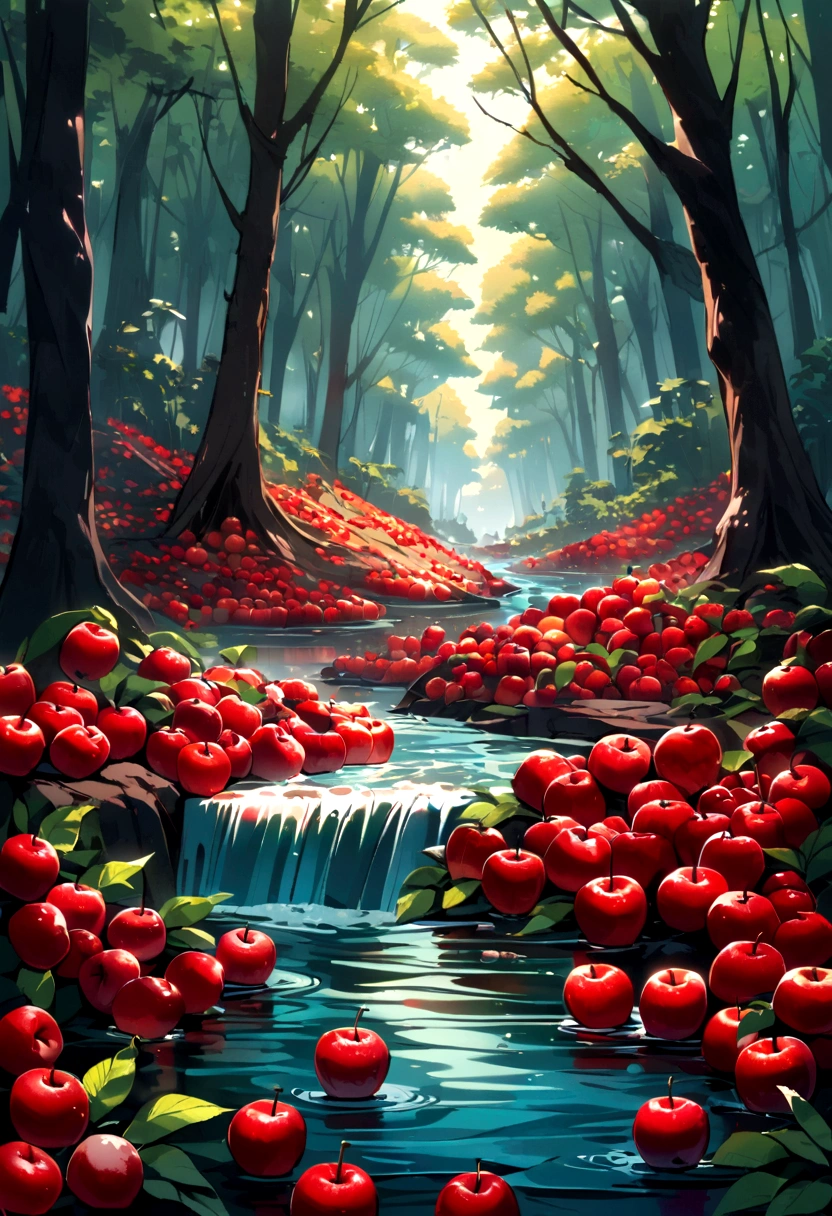 A forest full of apples,A stream flows,Composition from the front