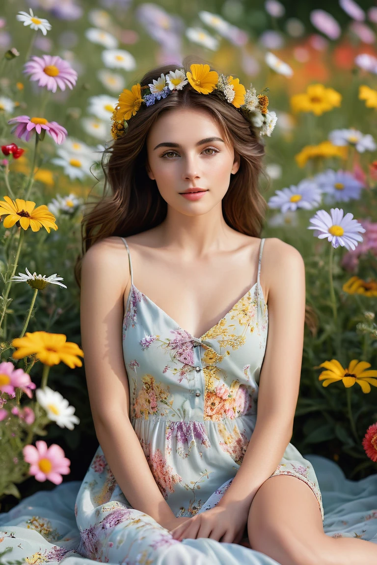 A serene 23-year-old woman with brown hair and brown eyes, sitting or lying in a colorful flower meadow, stretching her arms to the sides and enjoying the moment. She is wearing a romantic pastel-colored summer dress with flowers in her hair. The background is a vibrant flower meadow or botanical garden. Photorealistic, high resolution, with bright, natural outdoor lighting. best quality, intricate details, highly detailed, sharp focus, detailed skin, Realistic skin texture, texture, detailed eyes, professional, shot on Canon, 85mm, shallow depth of field, Kodak Vision Colors, perfectly shaped body, extremely detailed, photo_\(ultra\), photoRealistic, Realistic, Post-processing, maximum detail, roughness, Real life, ultra Realistic, photorealism, photography, 8k hd, photography
