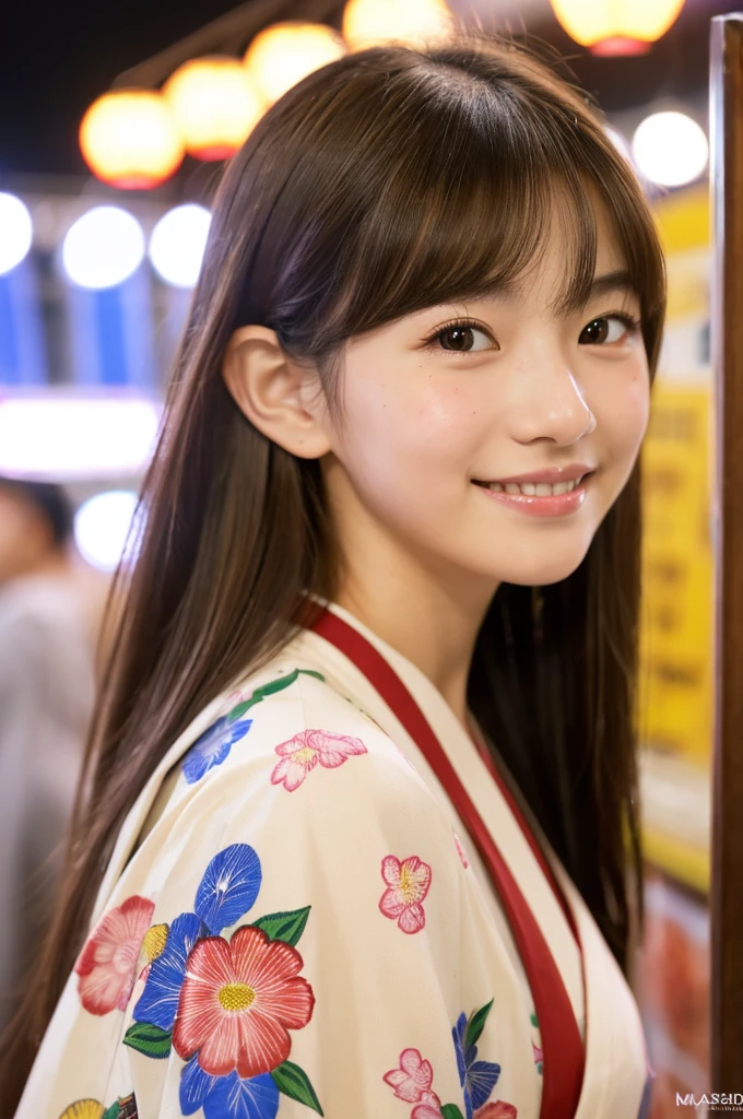 Japanese traditional kimono, flower pattern yukata, summer festival night stall, first year high school student, ((full body)), ((photo)), ((best qualtiy, 8K, tmasterpiece:1.3)), Focus:1.2, perfect figure beautiful girl:1.4, 1girl, cowboy shot, look at viewer, incredibly absurd, beautiful and cute girl with a photorealistic face, showcasing top-quality craftsmanship, A Japanese girl walking around looking at the food stalls at a summer festival on a night, , straight hair that reaches about 10cm below the shoulders, light brown hair color, shiny hair, bangs cut straight above the eyes, hair tucked behind the ears, soft round face, large almond-shaped eyes, light brown eye color, long eyelashes, thin and neat eyebrows, small nose with a straight bridge, cherry-colored lips, bright smile, white teeth, smooth skin, fair skin, light pigmentation, freckles, average height, supple body, well-balanced proportions, small A-cup breasts, beautiful girl, neat, moe, cheerful, curious, friendly, polite, responsible, likes festivals and events, August