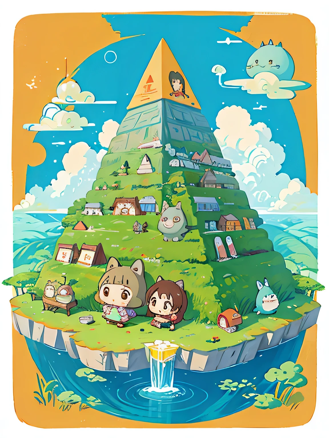 Hayao Miyazaki style、Kawaii Design, most beautiful girl ever、Chibi, (((expedition)))、Totoro, pyramid