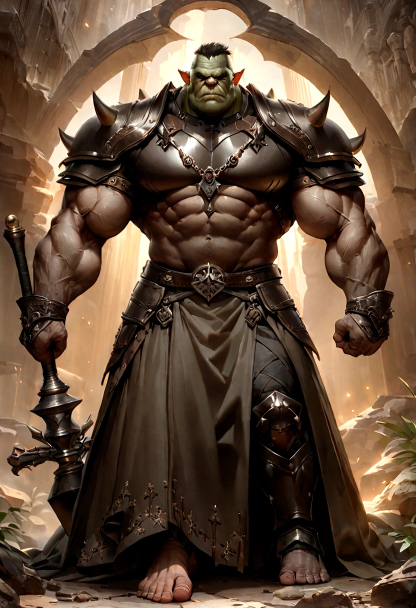 Game character standing drawing design，Orc female，Leather armor，Fur shoulders，Stout limbs，Strong muscles，The barefoot，Holding a huge barbed stick，Different layers overlay，Different angles，（Back all over the body：1.4），solid color backdrop，clean backdrop，depth of fields，high light，Real light，Ray traching，OC renderer，UE5 renderer，Hyper-realistic，best qualtiy，8K，Works of masters，super-fine，Detailed pubic hair，Correct anatomy，
