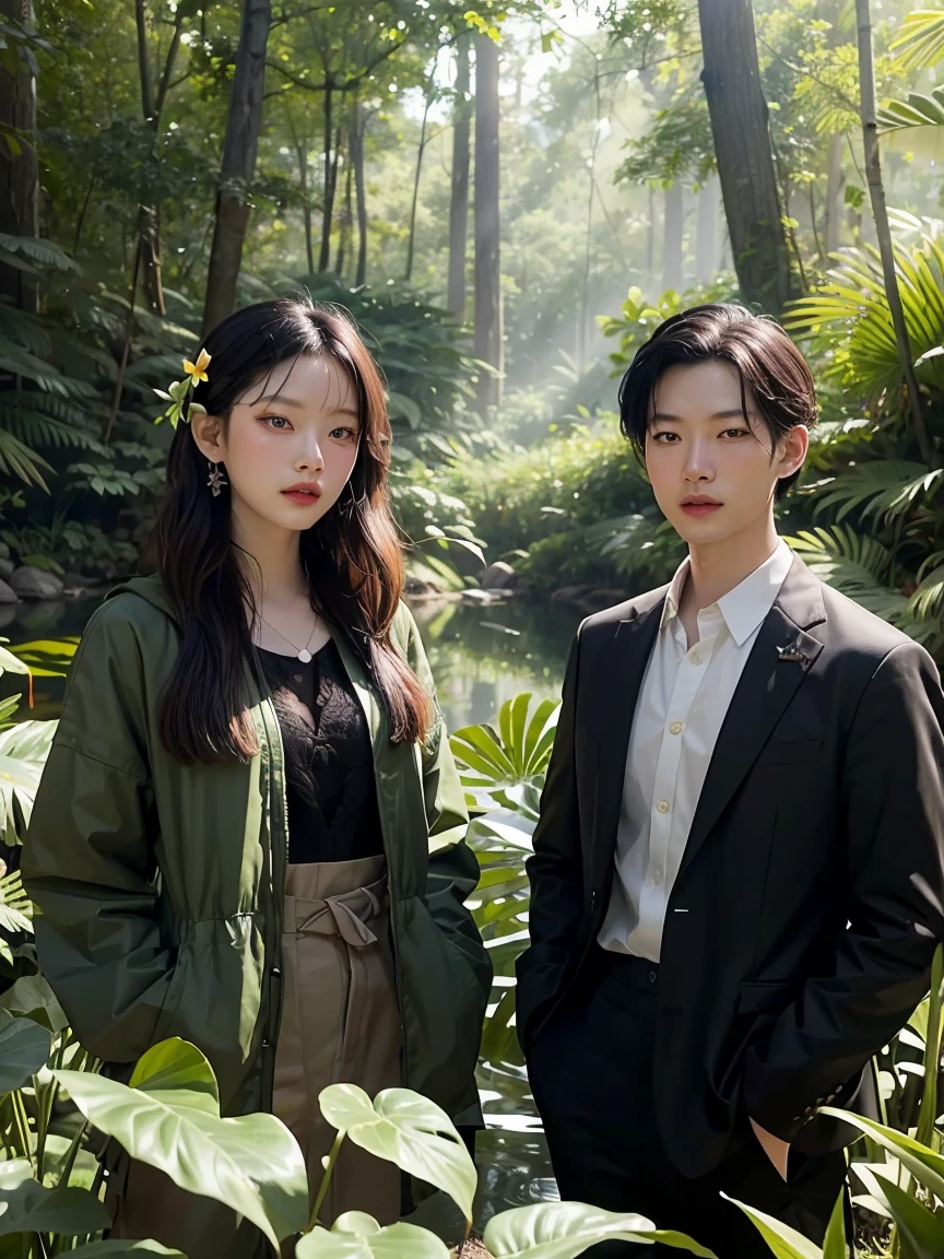 there are two people standing In the forest with plants, Artwork in the style of gouache, Inspiration from Yan Juncheng, In the forestเขตร้อน, By Yang J, In the art form of the pond, 🌺 CG Society, loish and ross tran, In the forest, By Ni Thian, โดย Ryan Ye, Greedy and failed