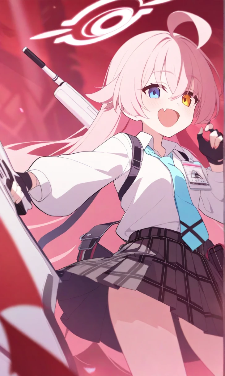 red_theme anime_girl_with_pink_hair_and_blue_eyes_holding_a_gun 1girl hoshino_\(blue_archive\) gloves solo heterochromia halo pink_hair id_card fingerless_gloves necktie weapon long_hair shirt blue_necktie blue_eyes shotgun black_gloves ahoge gun white_shirt skirt collared_shirt looking_at_viewer long_sleeves plaid_skirt shield yellow_eyes shotgun_shell plaid open_mouth fang orange_eyes smile grey_skirt bangs school_uniform best_quality newest
