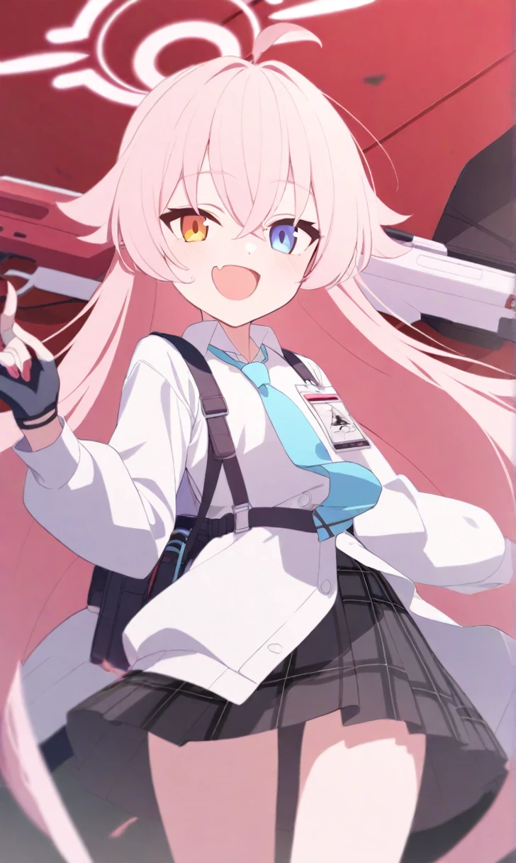 masterpiece, highest quality, Very detailed, indoor, school masterpiece, highest quality, Very detailed, Hello,Hoshino, ,Very long hair,Orange eyes,blue eyes,Heterochromia iridis,Pink Hair,Pull up your skirt,(Small breasts:1.1),smile,White panties