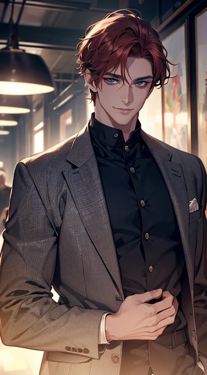 (best quality, masterpiece, 8K, photorealistic, cinematic lighting, hdr image, ultra detailed, beautiful image), a mature man, very handsome, smile, short red hair, blue eyes, perfect face without errors, ((buttoning the jacket, CEO))