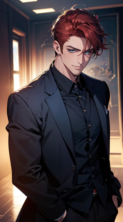 (best quality, masterpiece, 8K, photorealistic, cinematic lighting, hdr image, ultra detailed, beautiful image), a mature man, very handsome, smile, short red hair, blue eyes, perfect face without errors, ((buttoning the jacket, CEO))