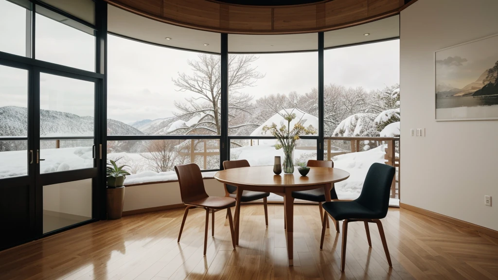 There is a table，There is a chair and a vase on it, Portraits inspired by Toyo Sesshū, Unsplash, Folk Art, Eight thousand. filling of the view, 480p, 4 8 0 points, Chiba Yudai, dynamic picture, Relaxation time. beautiful landscape，Floor-to-ceiling windows，There is snow outside the window