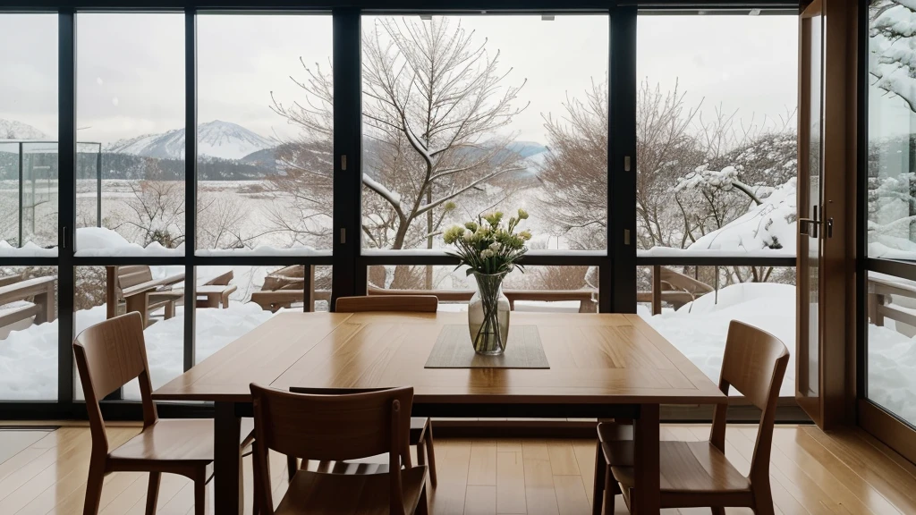 There is a table,There is a chair and a vase on it, Portraits inspired by Toyo Sesshū, Unsplash, Folk Art, Eight thousand. filling of the view, 480p, 4 8 0 points, Chiba Yudai, dynamic picture, Relaxation time. beautiful landscape,Floor-to-ceiling windows,There is snow outside the window