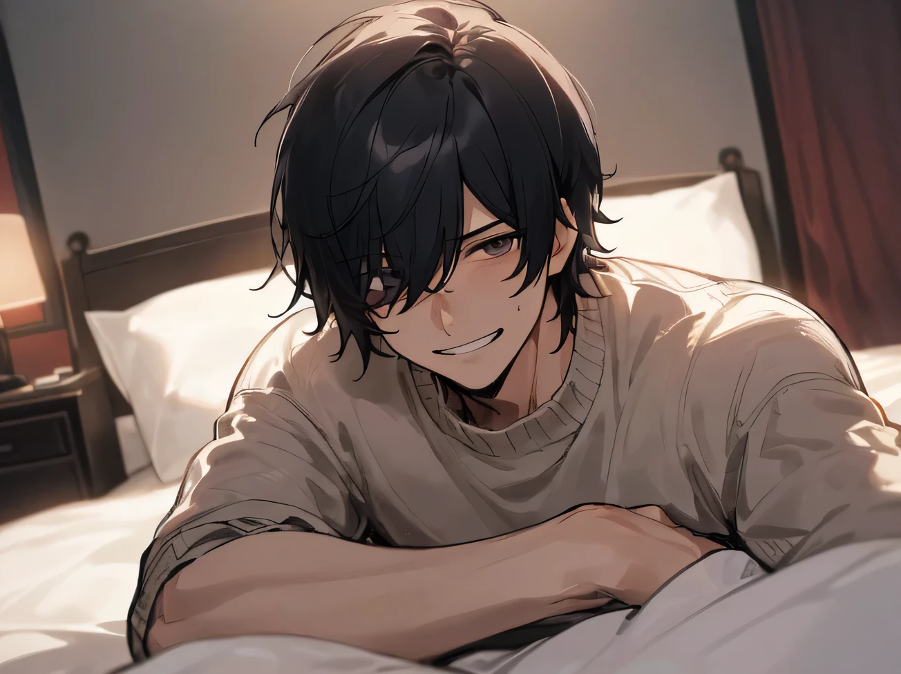 Working Adults.,male,Handsome,Cool vibe,I,Black-haired,mash,Gloomy mood(Masseter muscle area,Viewer Perspective,Upper Body,Face close-up,Horny,Wicked Smile,Yandere atmosphere,,Night atmosphere,sweater,,Hotel room bed、