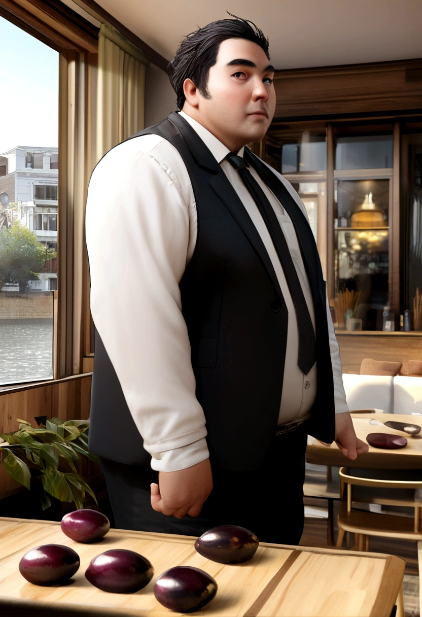 Hyperrealistic 3D Cartoon style character, 32 year old man, ideal fat body, short black hair, and wearing black suit and white shirt and black tie, yuppie, black olive, bohemian, dark academia interior design, contemporary architecture , photopainting, autodesk maya, boho clothing, blazers