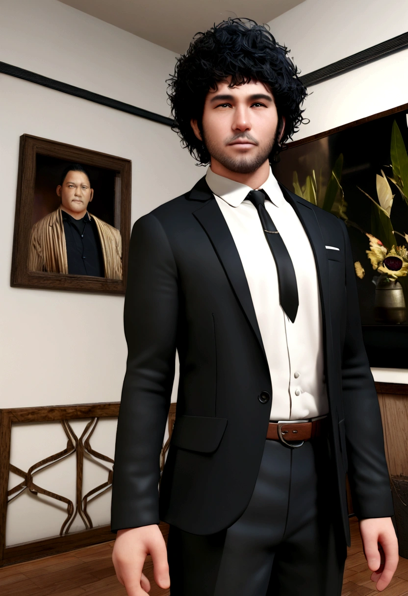 Hyperrealistic 3D Cartoon style character, 32 year old man, ideal fat body, short black hair, and wearing black suit and white shirt and black tie, yuppie, black olive, bohemian, dark academia interior design, contemporary architecture , photopainting, autodesk maya, boho clothing, blazers